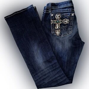 RARE Miss Me Y2K Turquoise Embellished Cross Jeans Dark Wash Bootcut Jeans